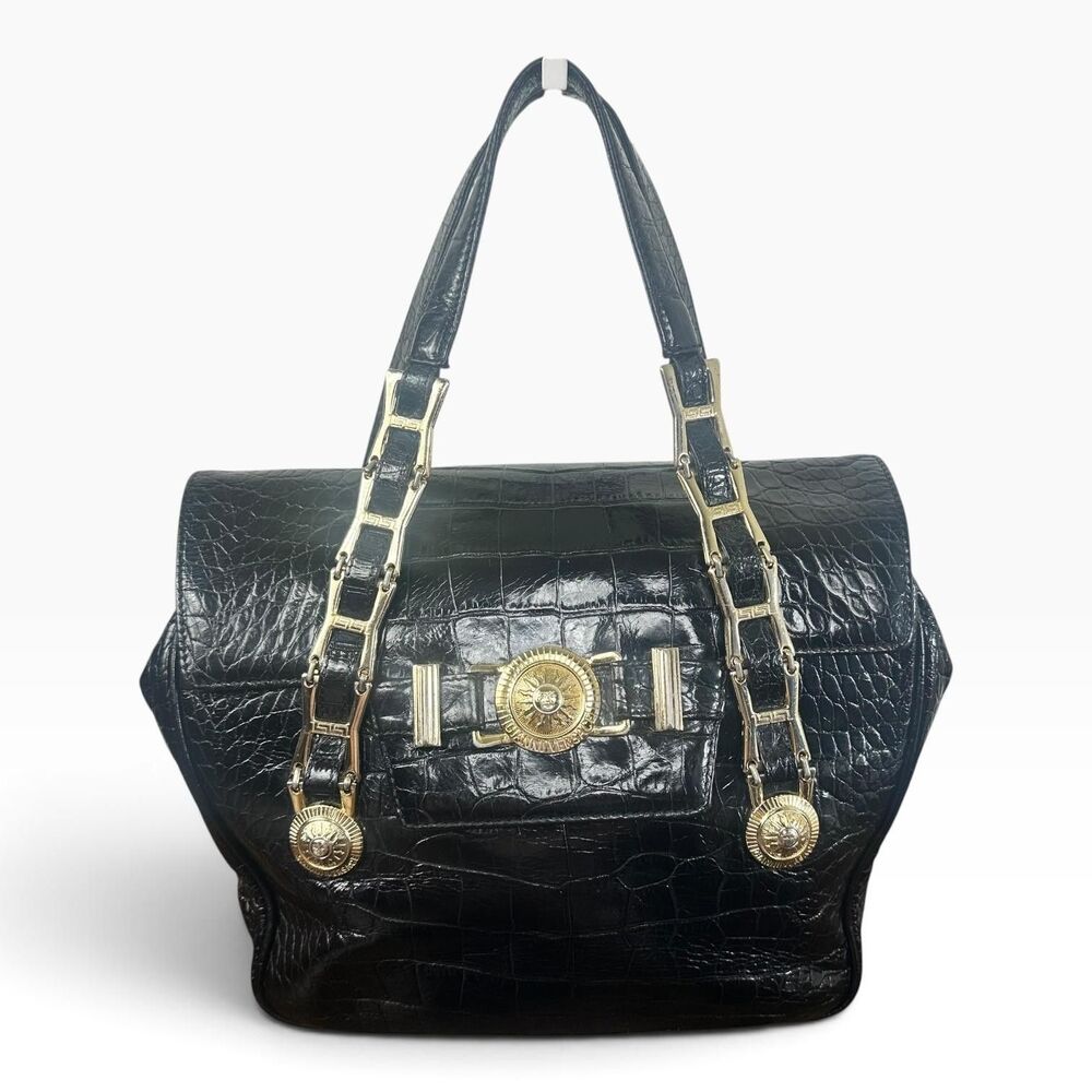 Gianni Versace Vintage Satchel Bag Womens Medium Black Crocodile Leather Gold